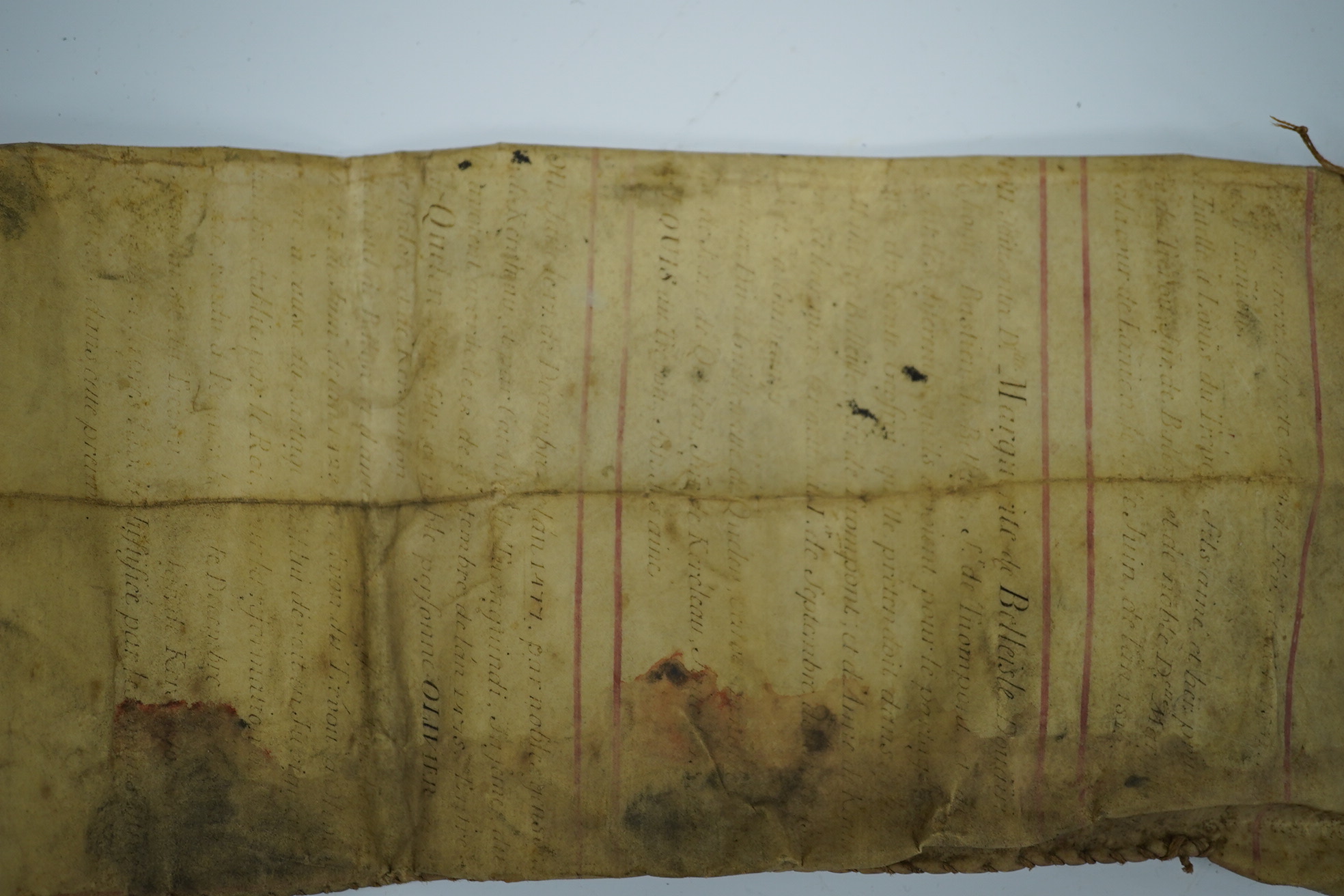 A section of a vellum family tree, converted into a bag, Together with an oak tripod, two whips, a Balanese Kris with lion man grip, a hunting dagger with horn grips, a small knife, etc. Condition - poor to fair